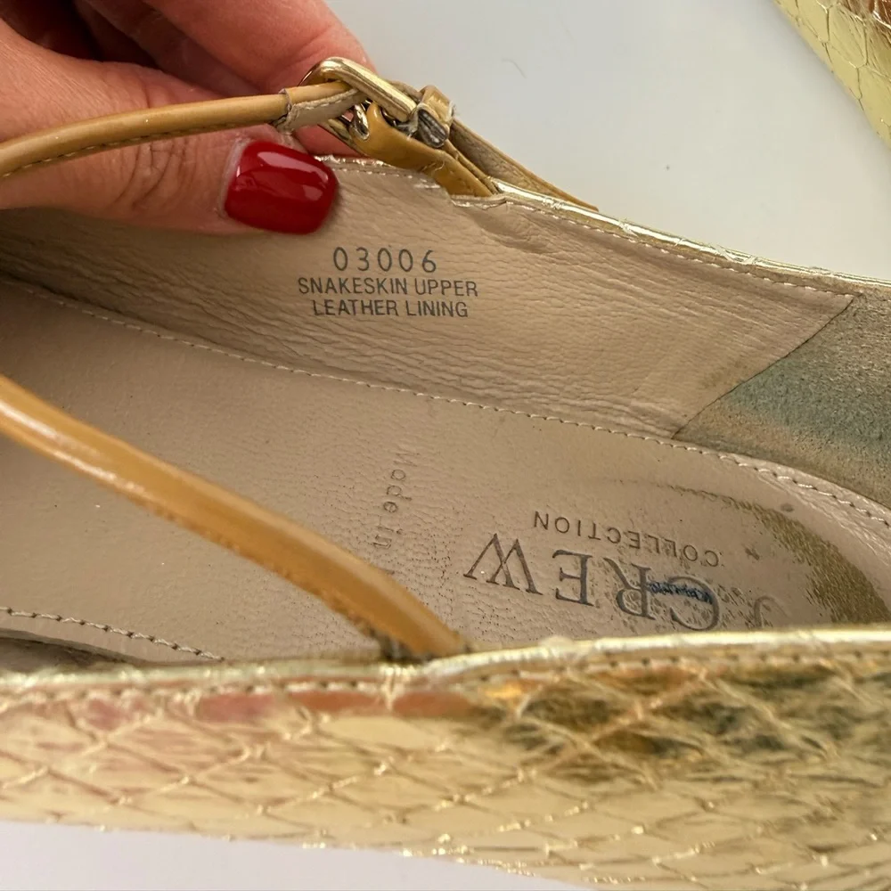 J.Crew Metallic Gold Snakeskin‎ Leather Flats Tan Cap Toe T Strap Sz 7